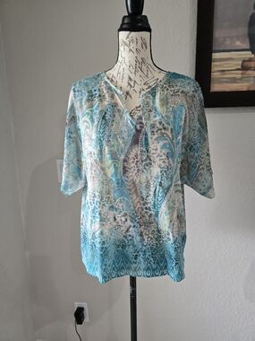 Chico's Aqua Teal Paisley Short-Sleeve Blouse Sparkle